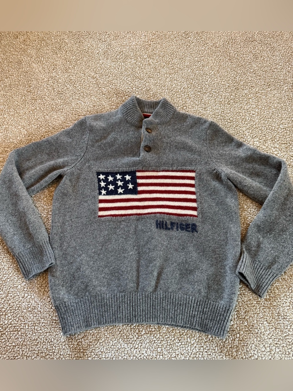Tommy Hilfiger Wool Blend American Flag Sweater Size S Gray Mock Neck